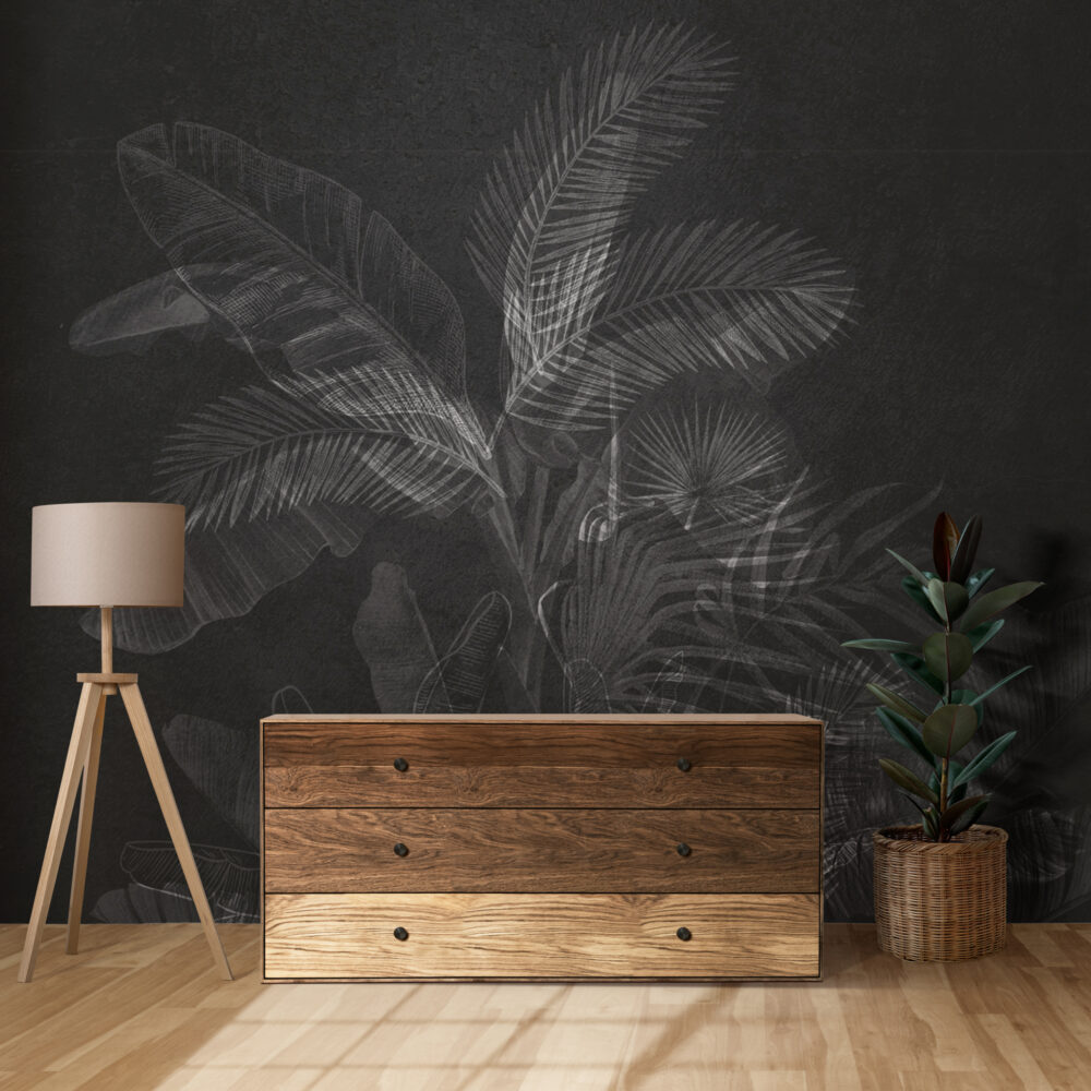 Charcoal Tropical Leaf Wallpaper : Dark Grey Palm Mural - View 6