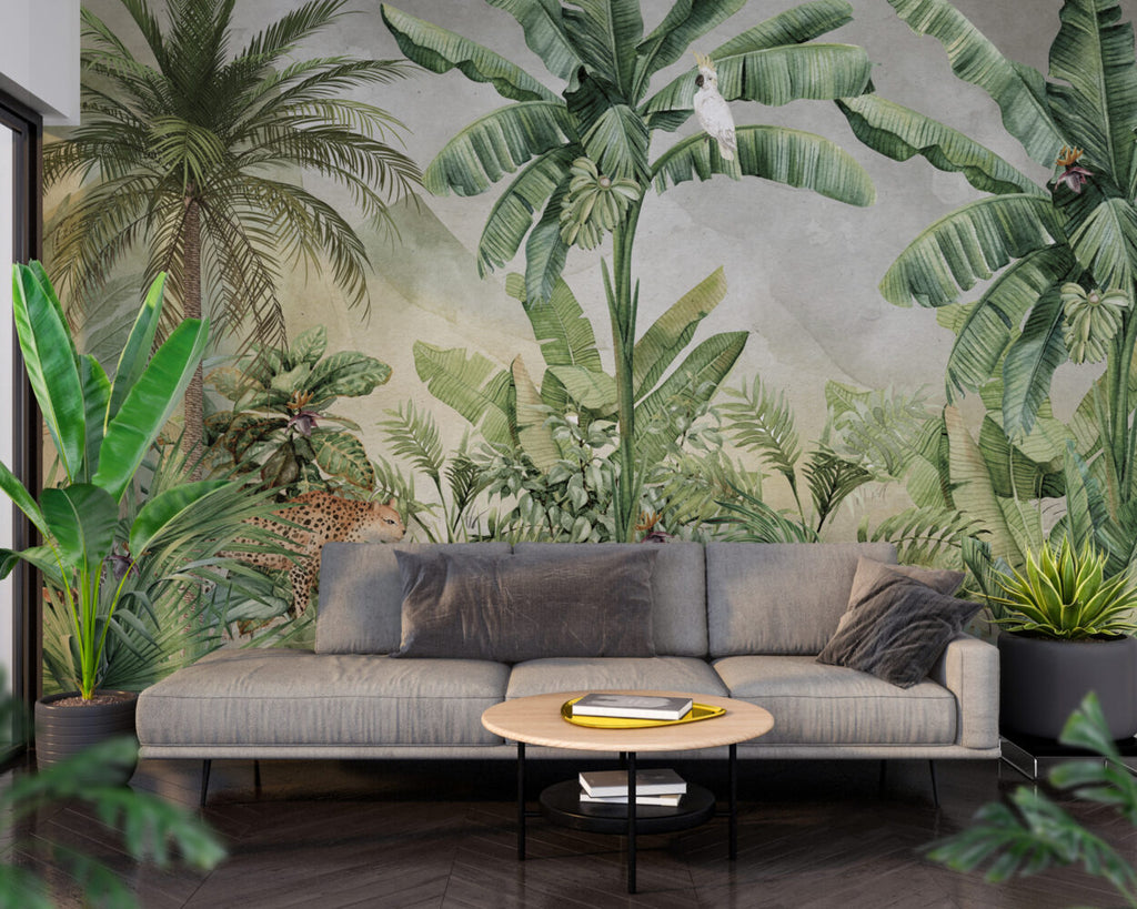 Watercolour Banana Jungle Wallpaper : Tropical Forest Animals Mural - View 6