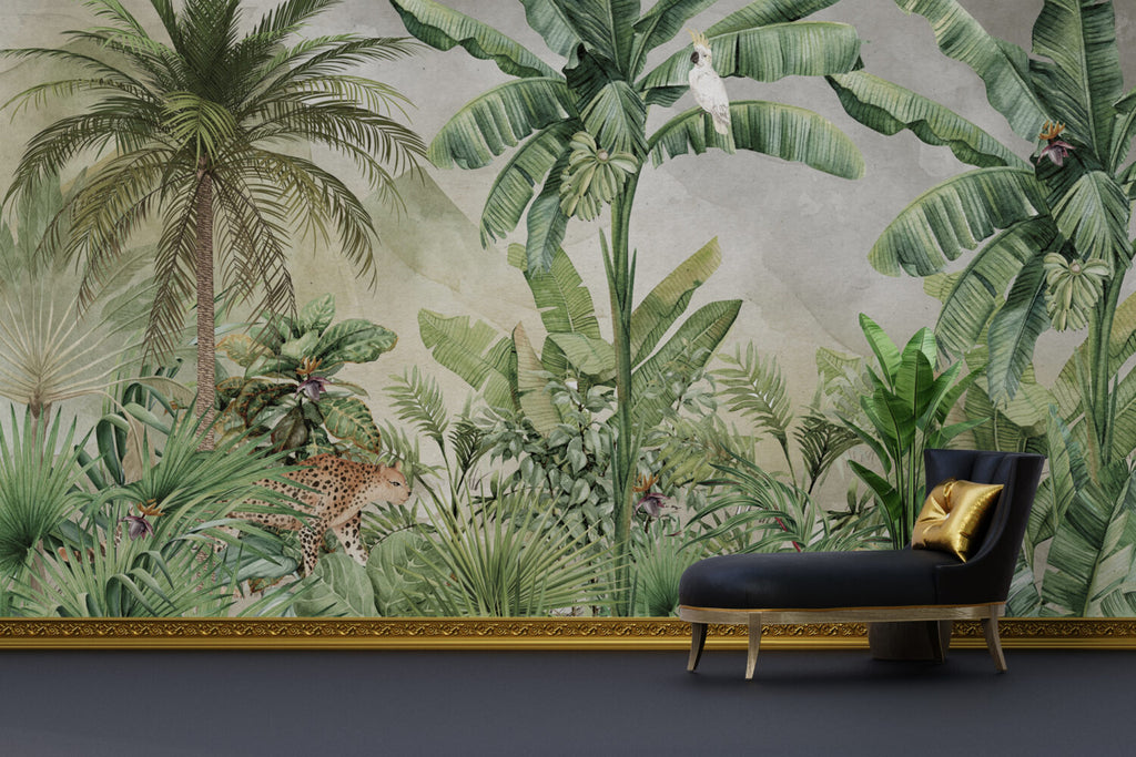 Watercolour Banana Jungle Wallpaper : Tropical Forest Animals Mural - View 4