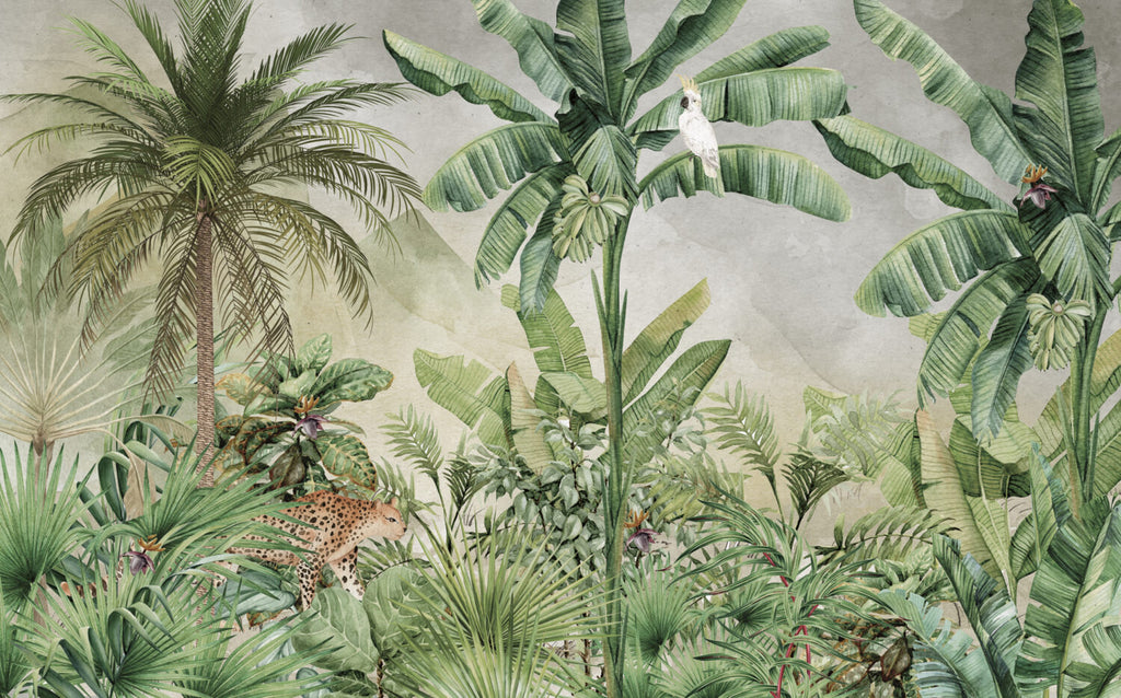 Watercolour Banana Jungle Wallpaper : Tropical Forest Animals Mural - View 2