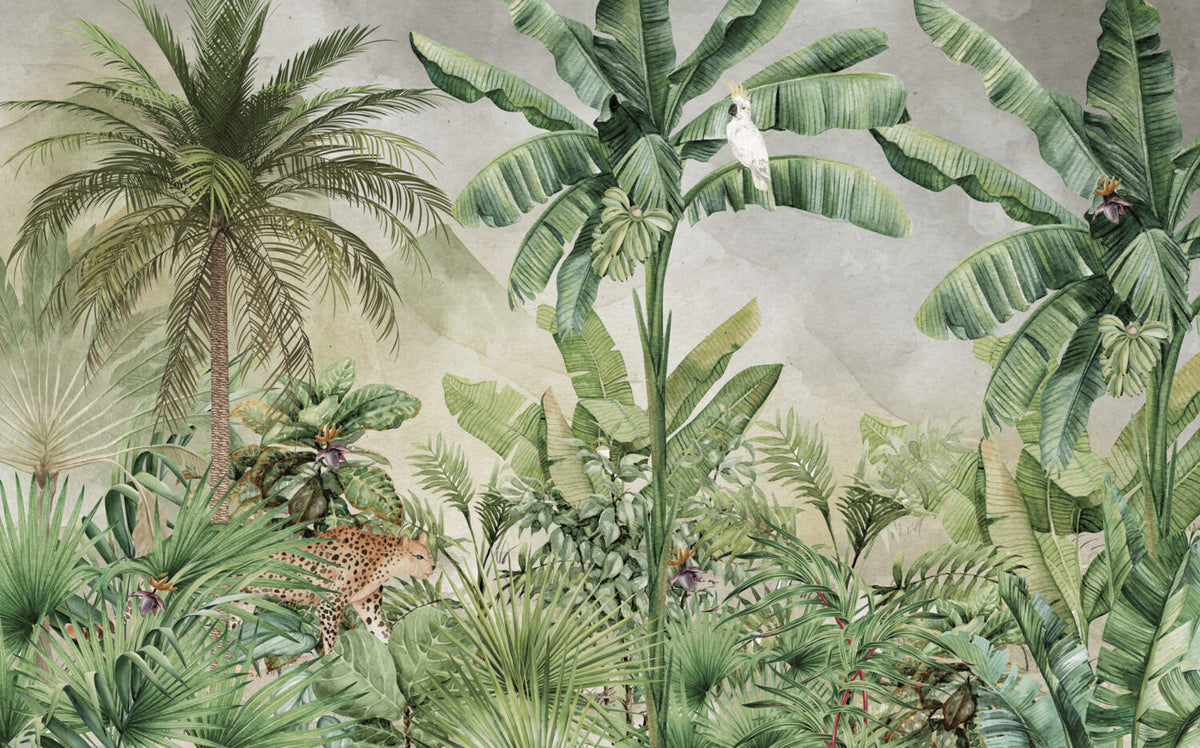 Watercolour Banana Jungle Wallpaper : Tropical Forest Animals Mural - View 2