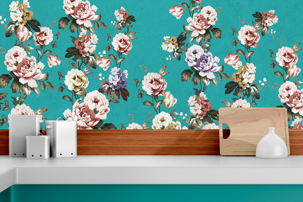 Turquoise Vintage Rose Wallpaper : Peony Floral Pattern - View 6