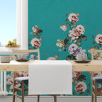 Turquoise Vintage Rose Wallpaper : Peony Floral Pattern - View 3