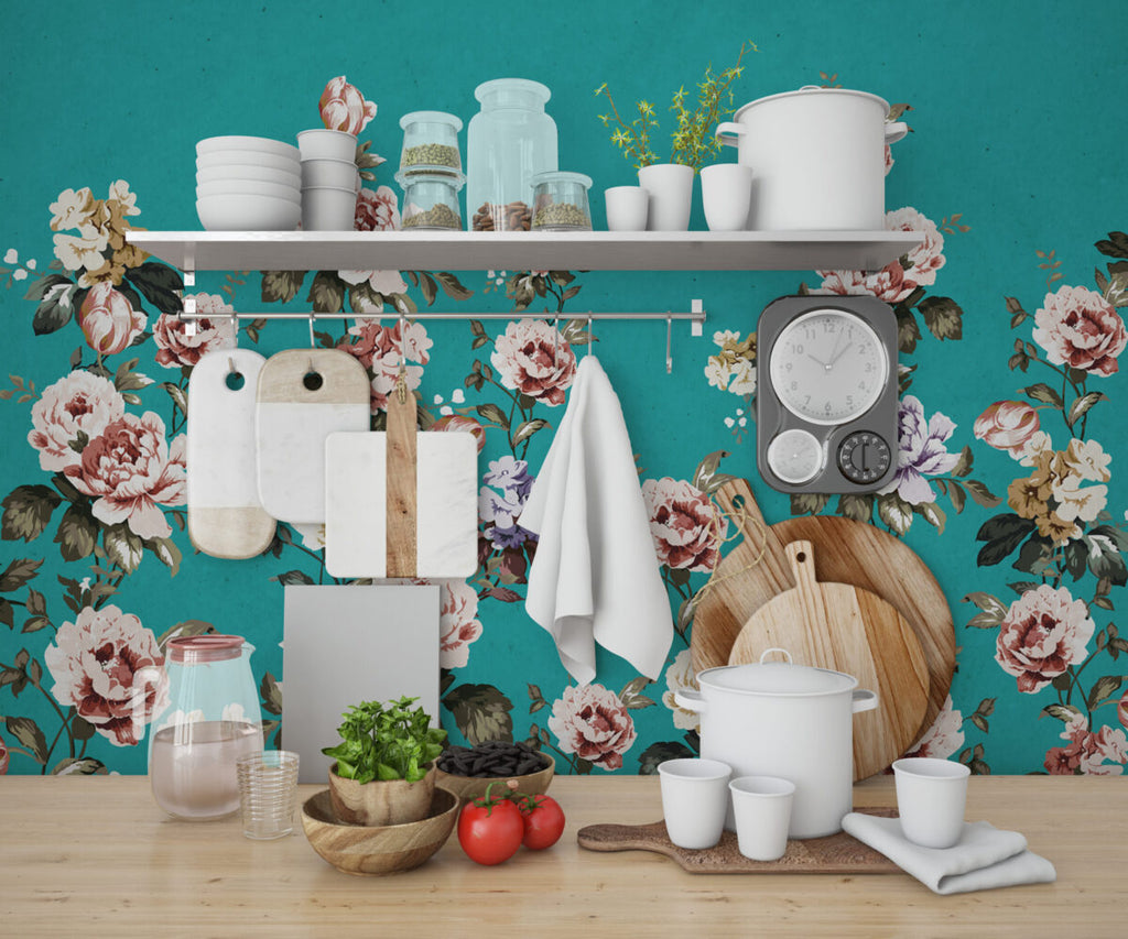 Turquoise Vintage Rose Wallpaper : Peony Floral Pattern - View 4
