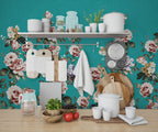 Turquoise Vintage Rose Wallpaper : Peony Floral Pattern - View 4