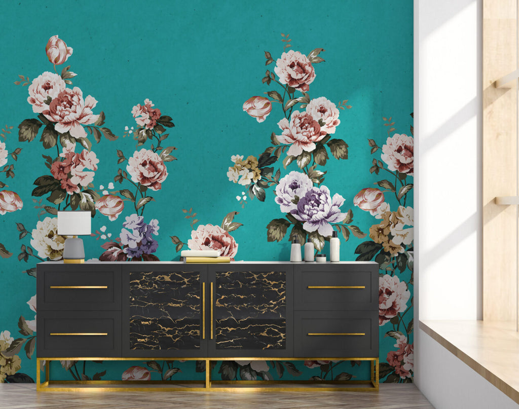 Turquoise Vintage Rose Wallpaper : Peony Floral Pattern - View 5