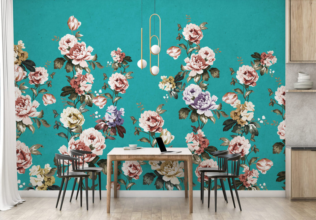 Turquoise Vintage Rose Wallpaper : Peony Floral Pattern
