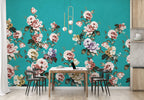 Turquoise Vintage Rose Wallpaper : Peony Floral Pattern