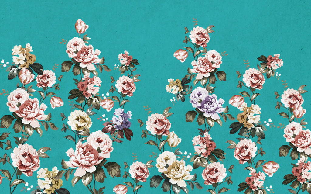 Turquoise Vintage Rose Wallpaper : Peony Floral Pattern - View 2