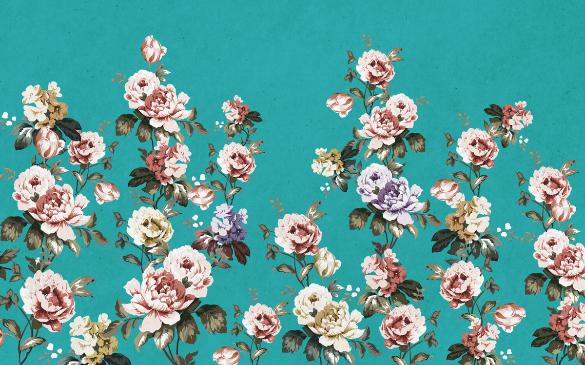 Turquoise Vintage Rose Wallpaper : Peony Floral Pattern - View 2