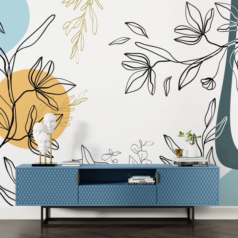 Line Art Flower Wallpaper : Boho Botanical Shapes Mural - View 6