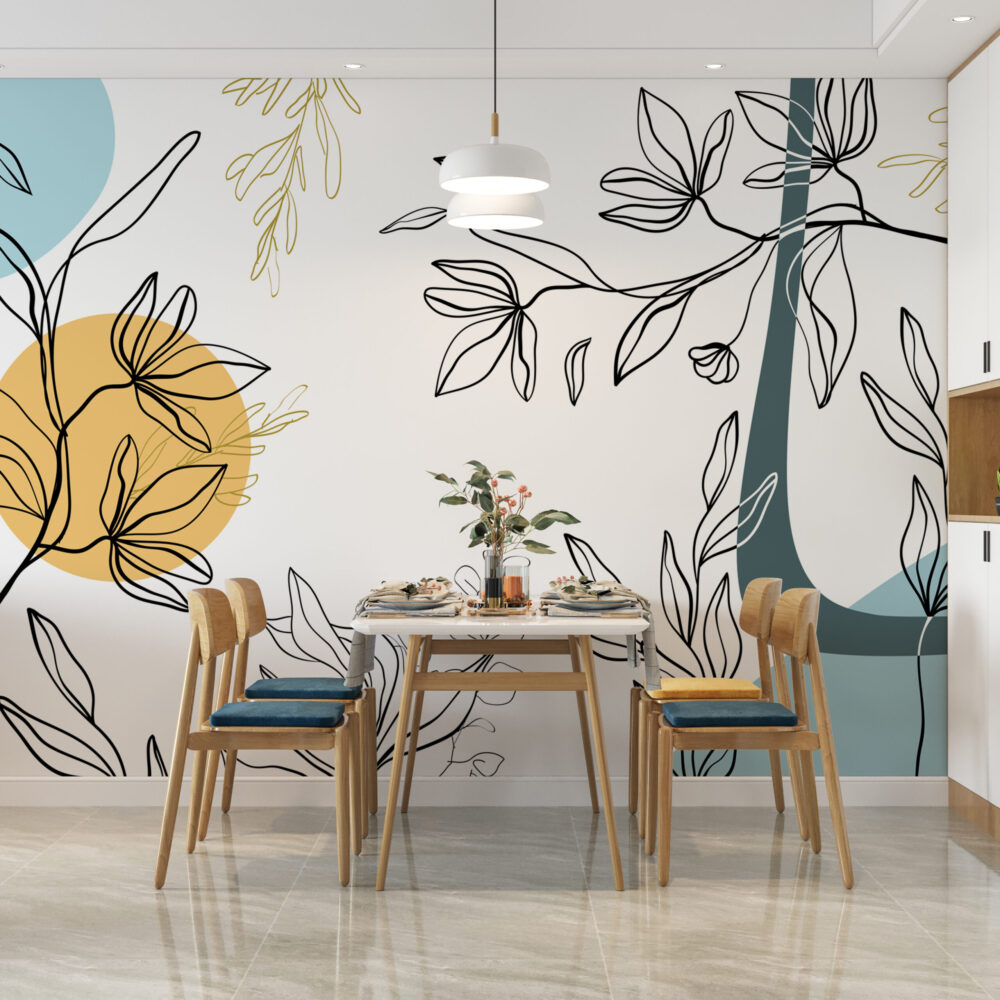 Line Art Flower Wallpaper : Boho Botanical Shapes Mural - View 3
