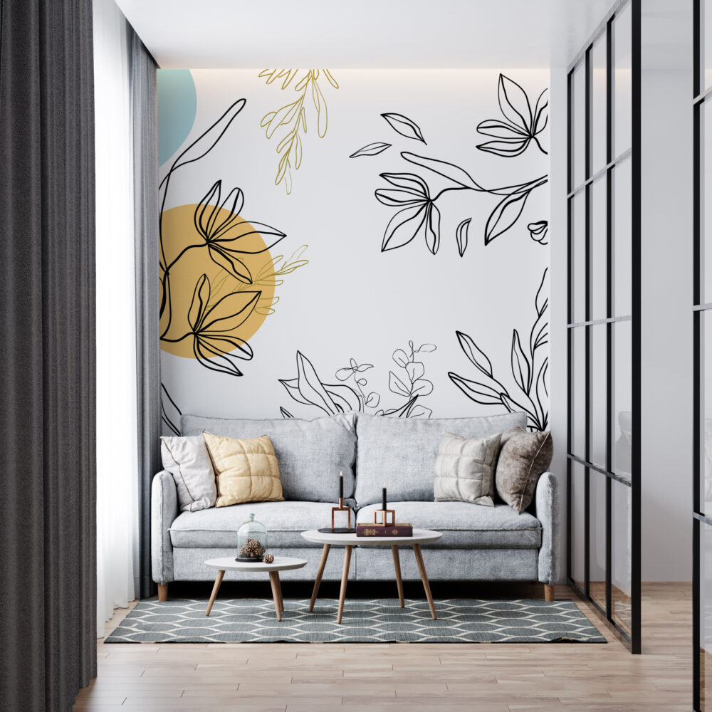 Line Art Flower Wallpaper : Boho Botanical Shapes Mural - View 4