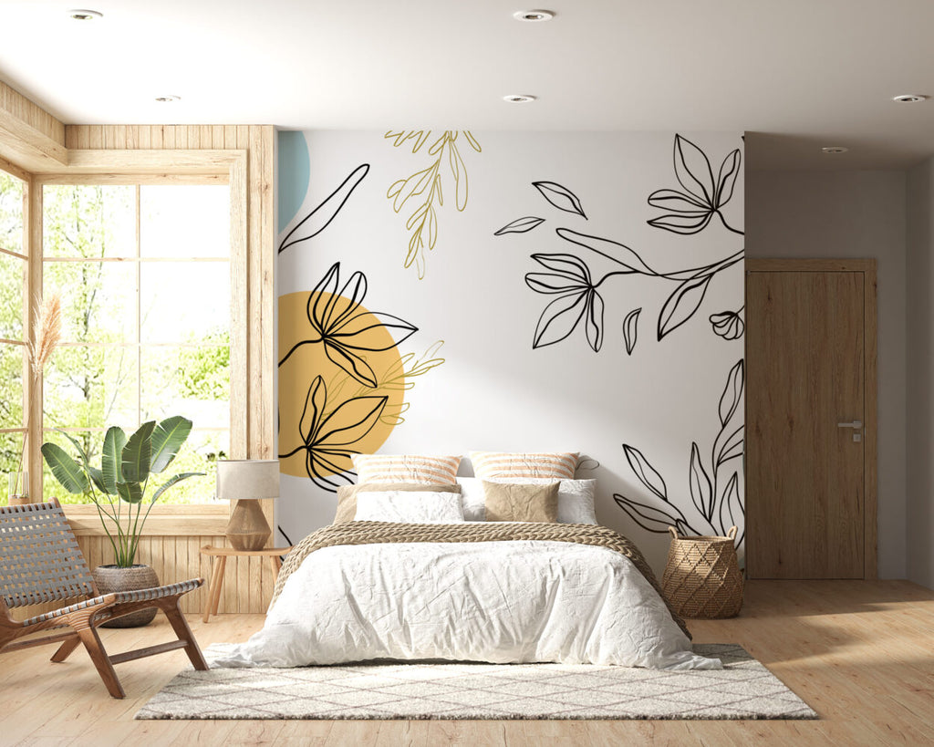 Line Art Flower Wallpaper : Boho Botanical Shapes Mural - View 5