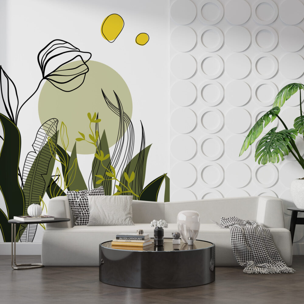 Green Line Art Botanical Wallpaper : Boho Leaf Shapes Mural - View 6