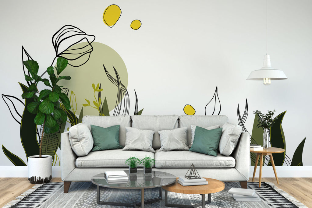 Green Line Art Botanical Wallpaper : Boho Leaf Shapes Mural - View 3