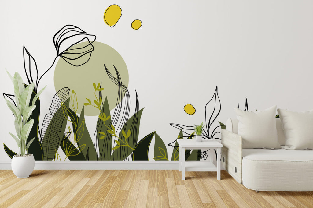 Green Line Art Botanical Wallpaper : Boho Leaf Shapes Mural - View 4