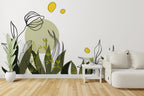 Green Line Art Botanical Wallpaper : Boho Leaf Shapes Mural - View 4