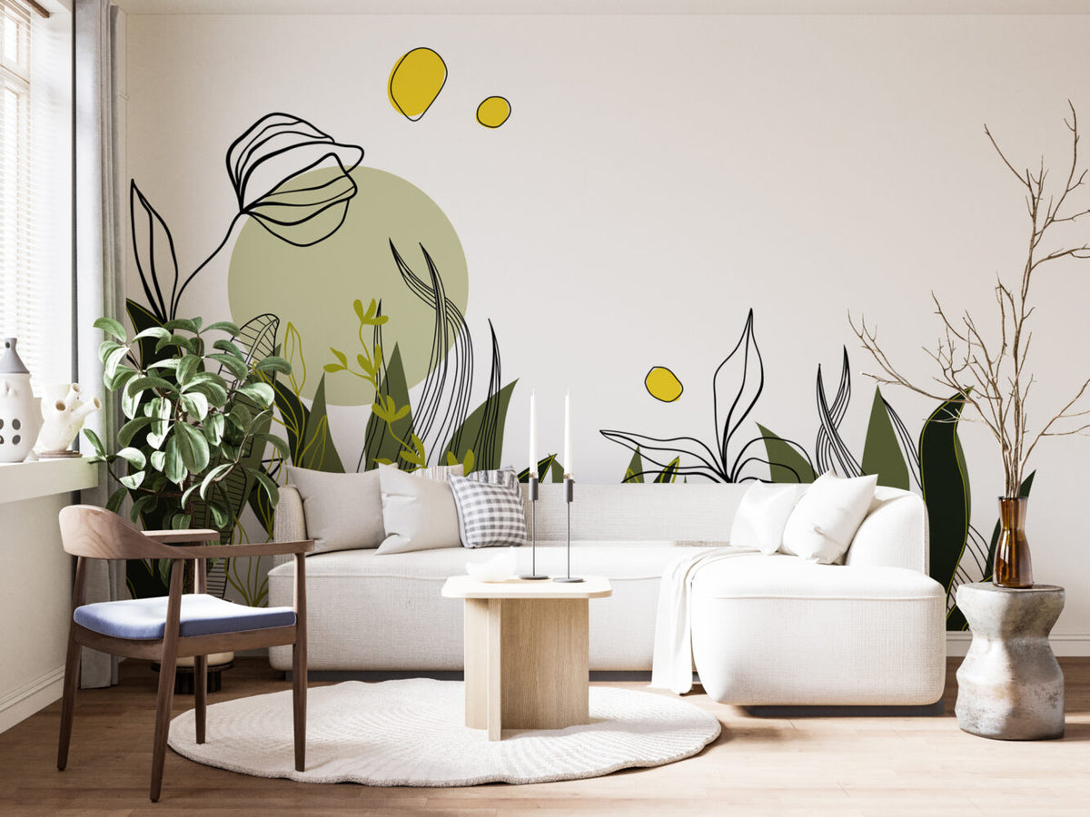 Green Line Art Botanical Wallpaper : Boho Leaf Shapes Mural - View 5