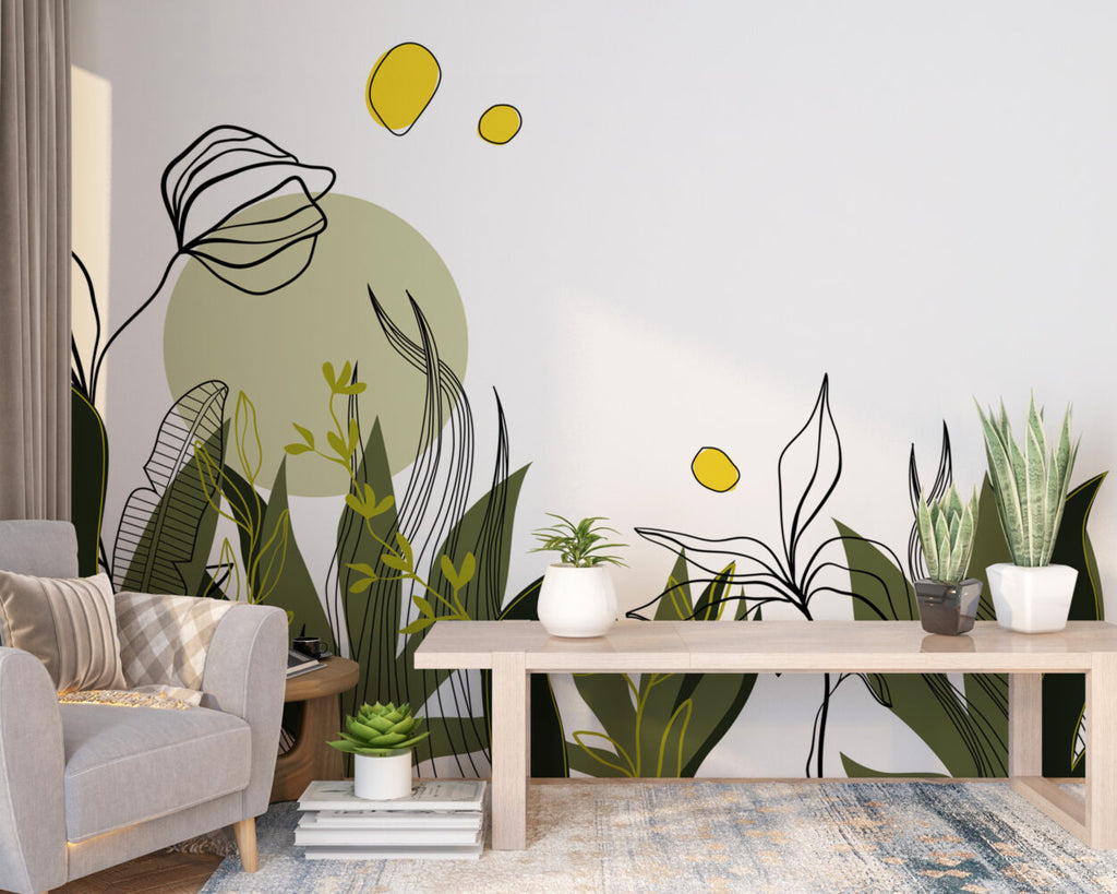 Green Line Art Botanical Wallpaper : Boho Leaf Shapes Mural