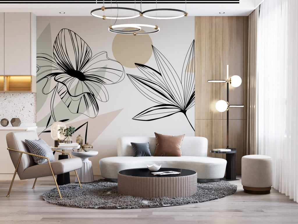 Soft Line Art Floral Wallpaper : Blush Boho Leaf Mural - View 6
