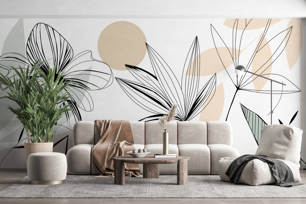 Soft Line Art Floral Wallpaper : Blush Boho Leaf Mural - View 3