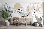 Soft Line Art Floral Wallpaper : Blush Boho Leaf Mural - View 3