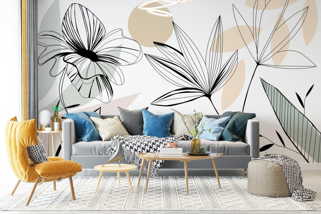 Soft Line Art Floral Wallpaper : Blush Boho Leaf Mural - View 4