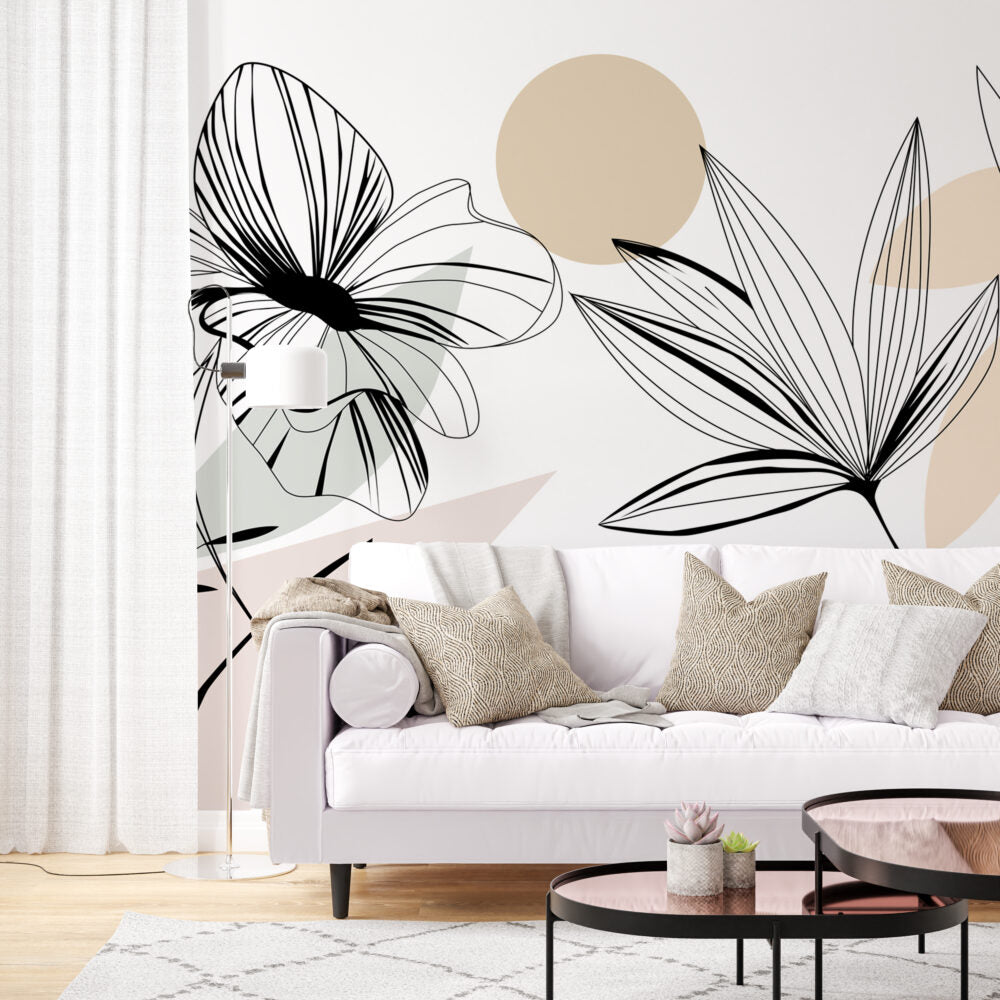 Soft Line Art Floral Wallpaper : Blush Boho Leaf Mural - View 5