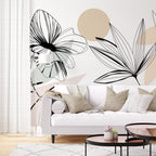 Soft Line Art Floral Wallpaper : Blush Boho Leaf Mural - View 5