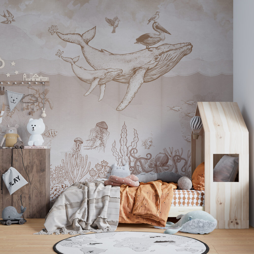 Whale Ocean Kids Wallpaper : Line Engraved Sea Life Mural - View 5