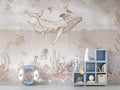 Whale Ocean Kids Wallpaper : Line Engraved Sea Life Mural