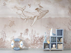 Whale Ocean Kids Wallpaper : Line Engraved Sea Life Mural