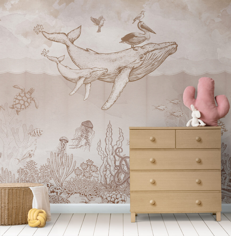 Whale Ocean Kids Wallpaper : Line Engraved Sea Life Mural - View 3