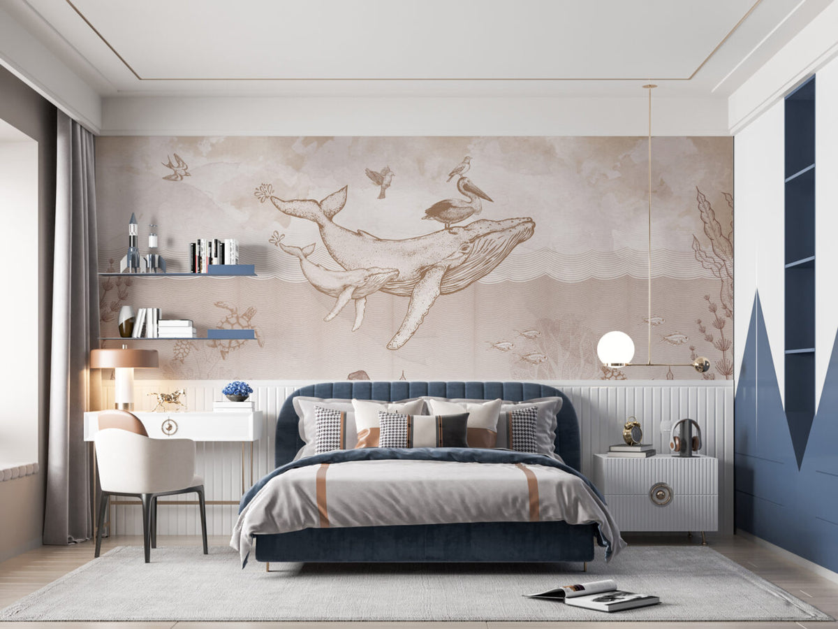 Whale Ocean Kids Wallpaper : Line Engraved Sea Life Mural - View 4