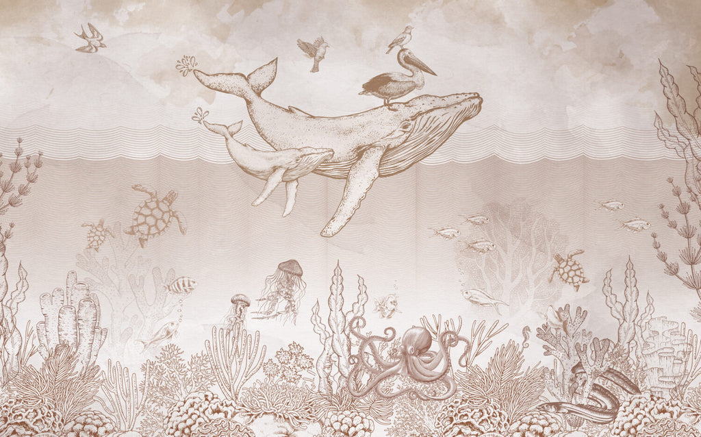 Whale Ocean Kids Wallpaper : Line Engraved Sea Life Mural - View 2