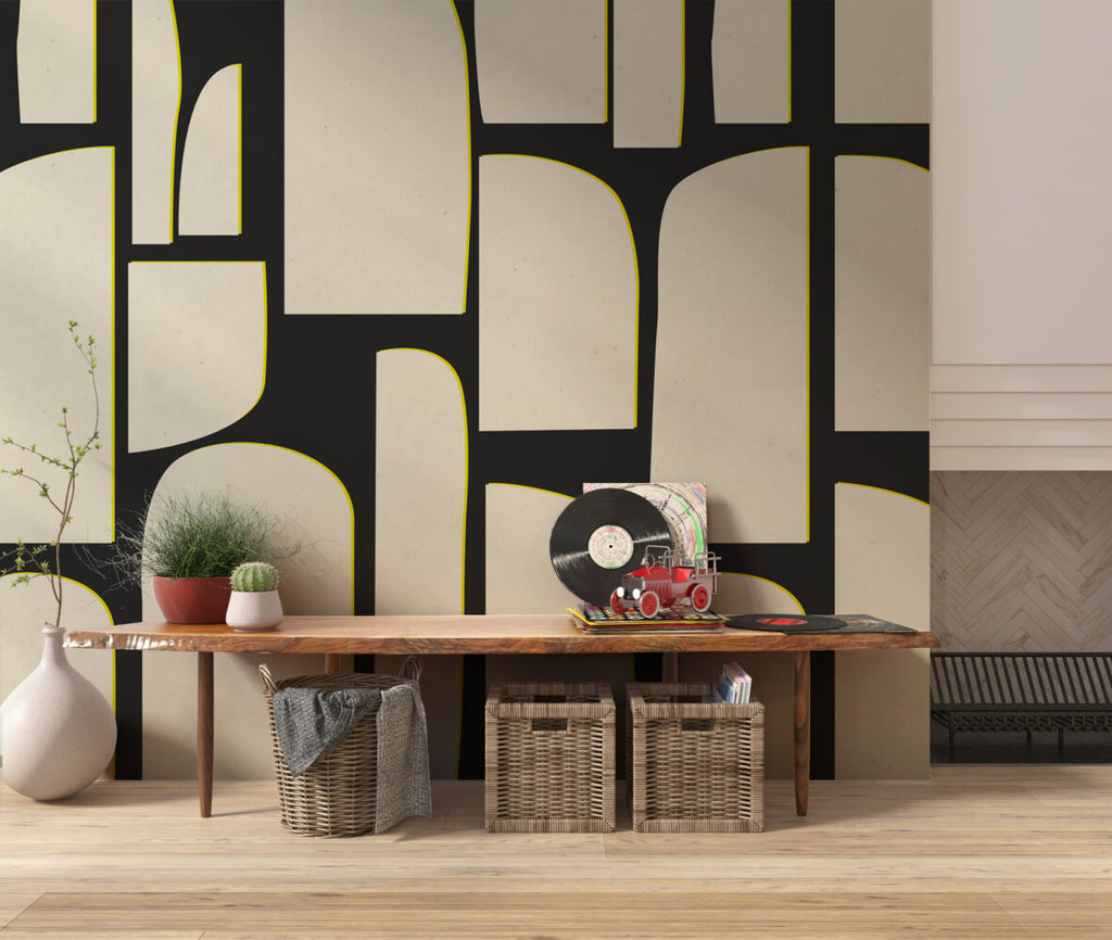 Black Cream Abstract Shapes Wallpaper : Bold Block Mural - View 5