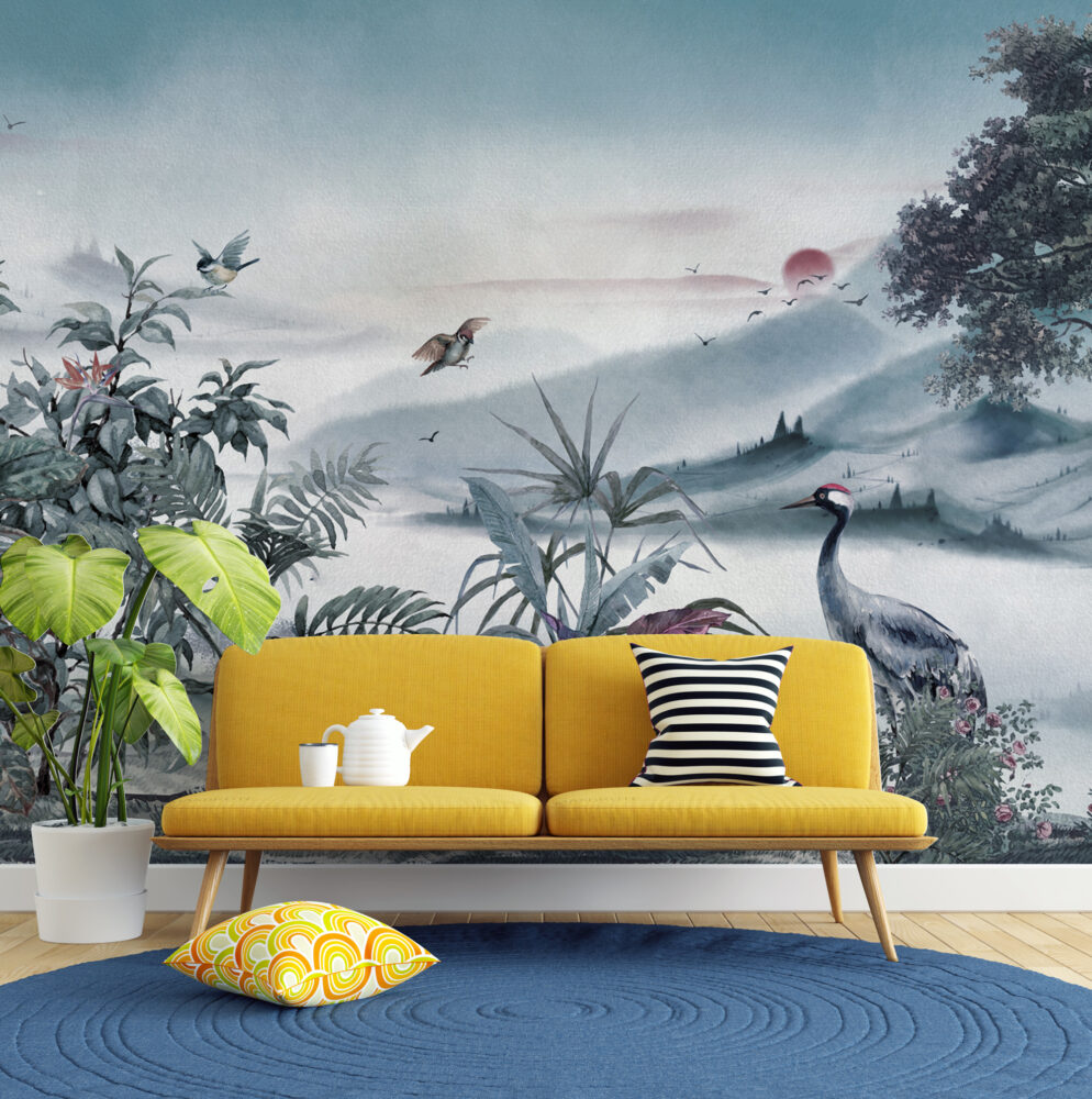 Misty Blue Heron Landscape Wallpaper : Oriental Valley Mural - View 6