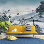 Misty Blue Heron Landscape Wallpaper : Oriental Valley Mural - View 6