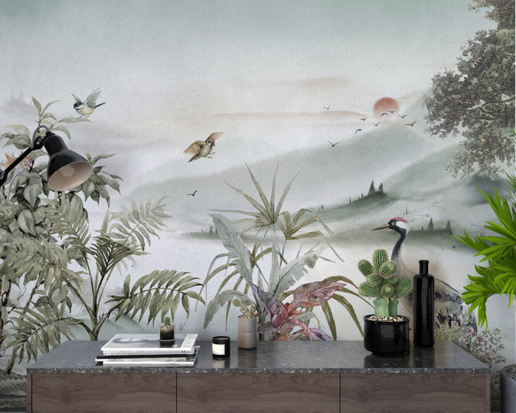 Soft Beige Heron Landscape Wallpaper : Misty Valley Mural - View 5