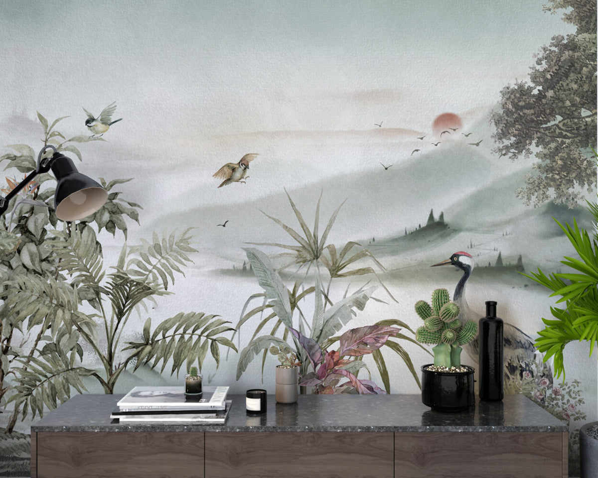 Soft Beige Heron Landscape Wallpaper : Misty Valley Mural - View 5