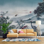 Misty Blue Heron Landscape Wallpaper : Oriental Valley Mural - View 5