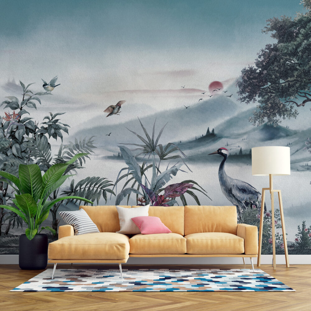 Misty Blue Heron Landscape Wallpaper : Oriental Valley Mural - View 5