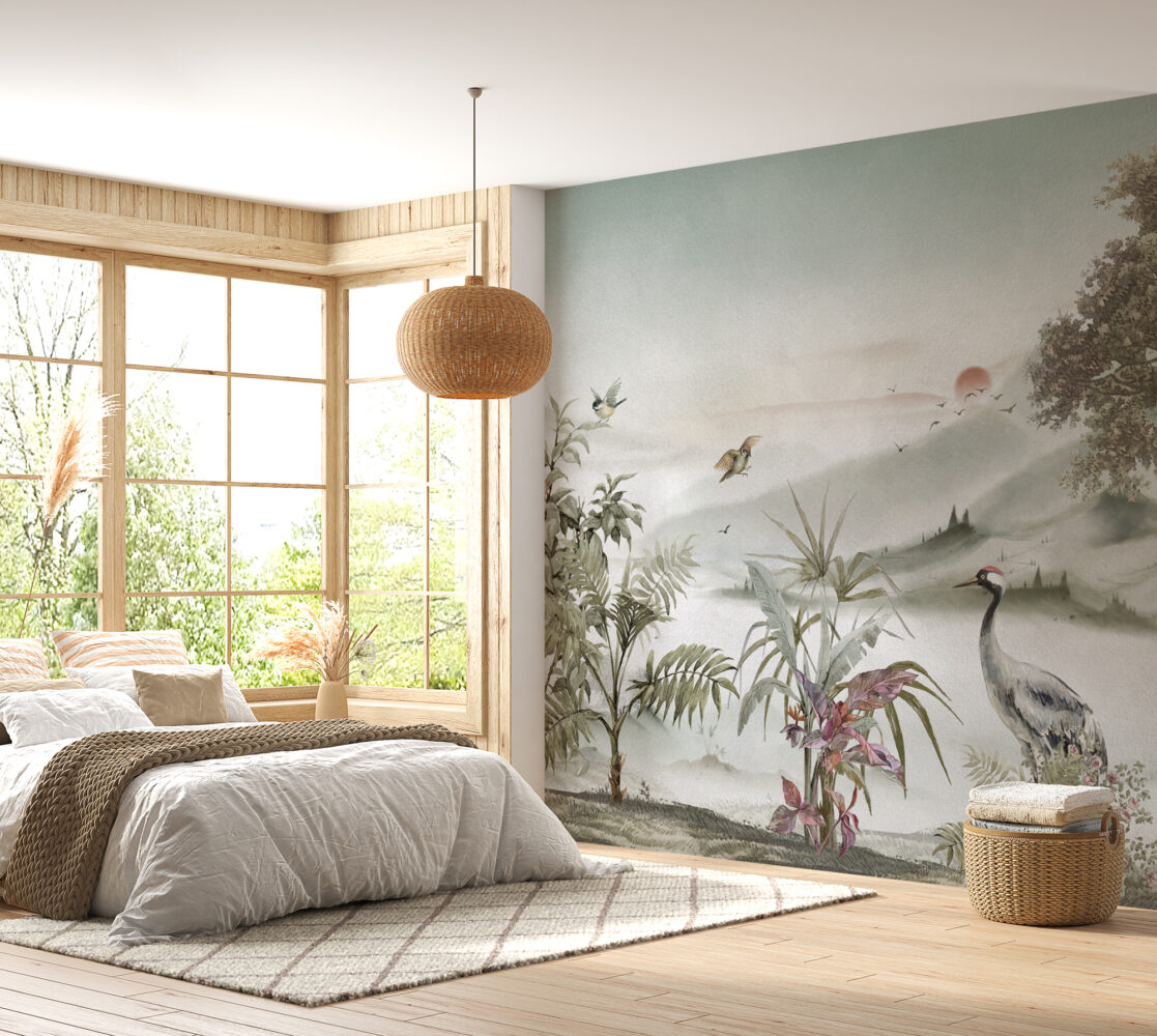 Soft Beige Heron Landscape Wallpaper : Misty Valley Mural - View 6