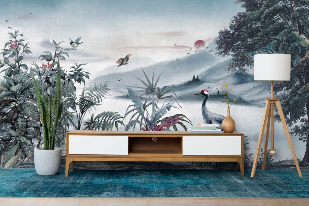 Misty Blue Heron Landscape Wallpaper : Oriental Valley Mural - View 3
