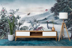 Misty Blue Heron Landscape Wallpaper : Oriental Valley Mural - View 3