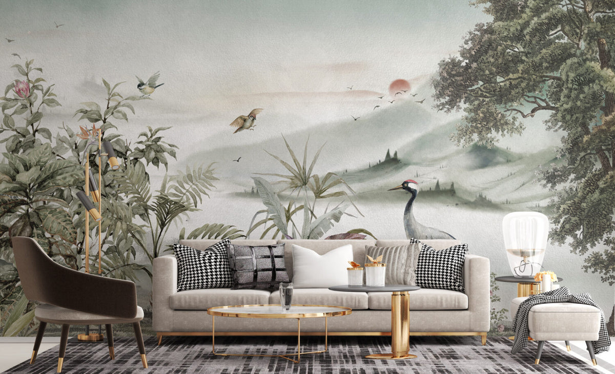 Soft Beige Heron Landscape Wallpaper : Misty Valley Mural - View 3