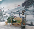 Misty Blue Heron Landscape Wallpaper : Oriental Valley Mural - View 4