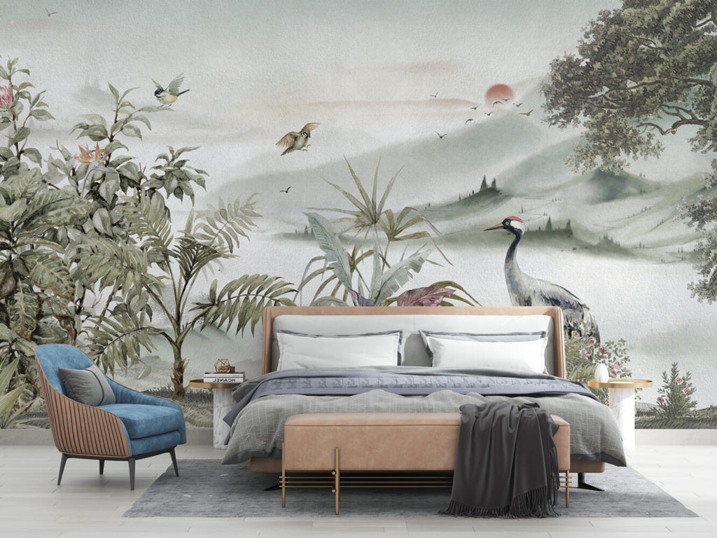 Soft Beige Heron Landscape Wallpaper : Misty Valley Mural - View 4