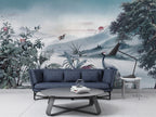 Misty Blue Heron Landscape Wallpaper : Oriental Valley Mural